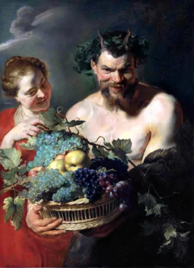 A Satyr Holding a Basket of Grapes and Quinces with a Nymph by Peter Paul Rubens