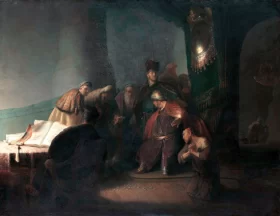 Judas returning the thirty pieces of silver 1629 by Rembrandt