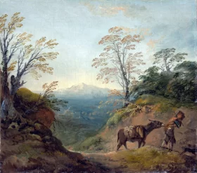 Wooded Landscape with a boy leading a donkey and dog, and an extensive panorama with buildings and distant hills by Thomas Gainsborough