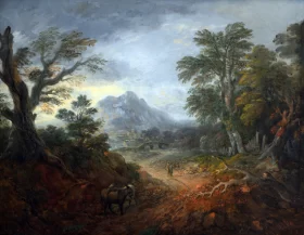 Forest landscape with figures, bridge, donkeys, mountain by Thomas Gainsborough
