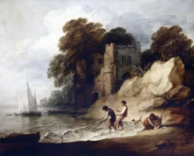 Rocky Coastal Scene with a Ruined Castle, Boats and Fishermen by Thomas Gainsborough