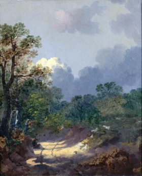 Treelike landscape with a resting shepherd by a sunny path and sheep by Thomas Gainsborough