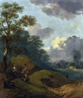 Wooded landscape with peasants resting, and a distant cottage by Thomas Gainsborough