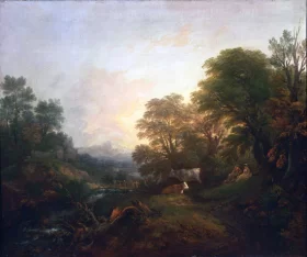 Landscape with Rustic Lovers, Two Cows, and a Man on a Distant Bridge by Thomas Gainsborough