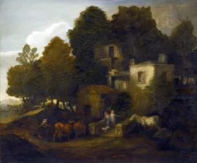 Wooded landscape with children descending the steps of a mansion by Thomas Gainsborough