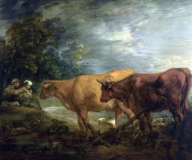 Wooded landscape with rustic lovers and two cows by Thomas Gainsborough