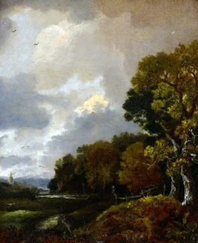 Landscape with trees and a field, a church tower in the distance by Thomas Gainsborough