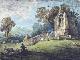 Wooded Landscape with Peasant Reading Tombstone, Rustic Lovers and Ruined Church 1797 by Thomas Gainsborough