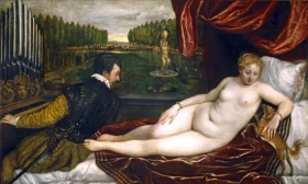 Venus and organist and little dog 1550 by Titian Vecellio