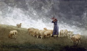 Shepherdess Tending Sheep 1878 by Winslow Homer
